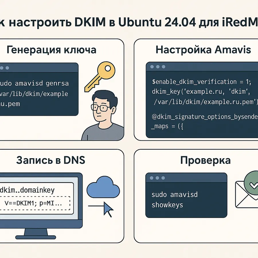 Пошаговая инструкция по настройке DKIM-подписи в Ubuntu 24.04 на сервере с iRedMail: генерация ключей, настройка Amavis, создание DNS-записи и проверка правильности подписи